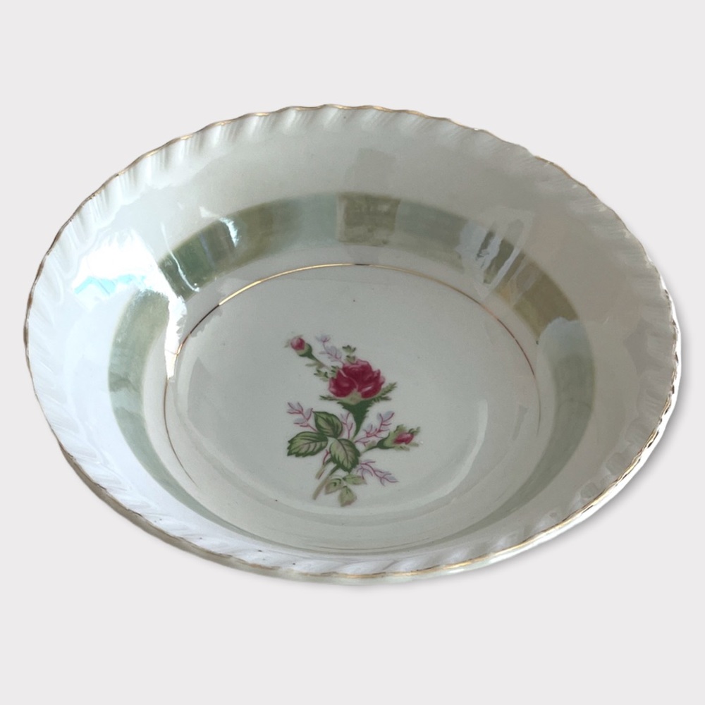 Two Vintage Japan Lusterware Rose Iridescent Greem Mint Stripe Gold Rim Bowl